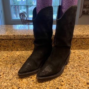 Marsell Black Suede Cowboy Western Style Boots 37.5 US 7.5 Block Heel